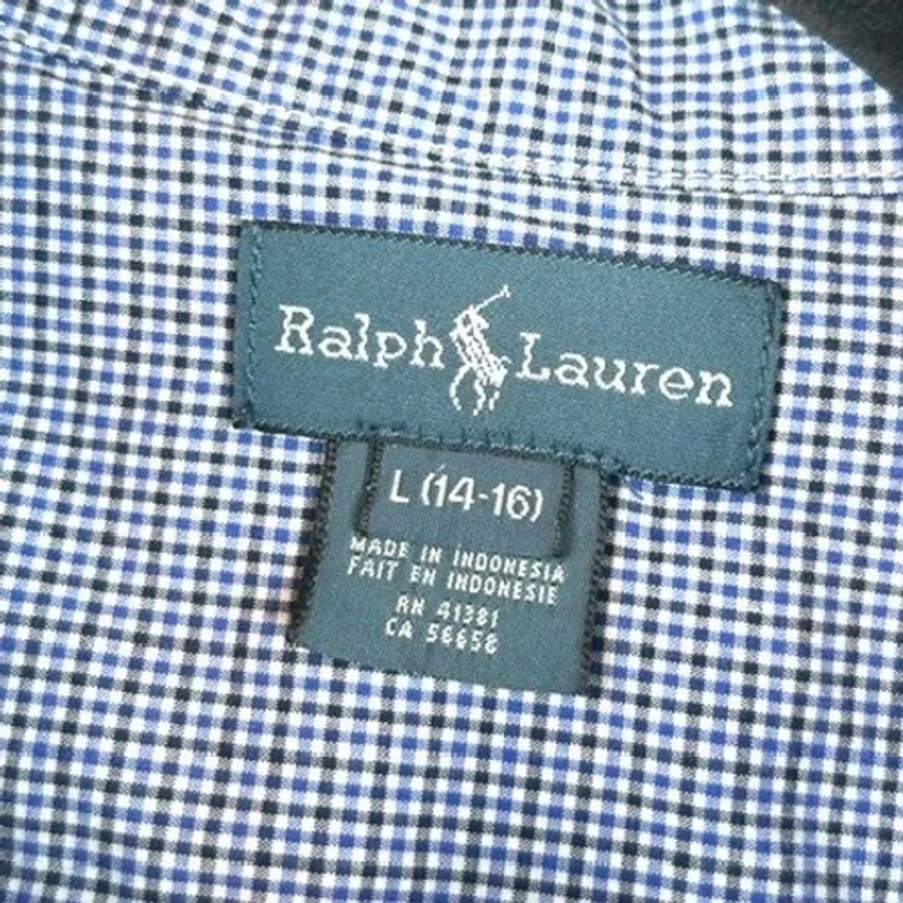 Ralph Lauren Boys Blue Gingham Micro Check Button Down Shirt Size L 14-16